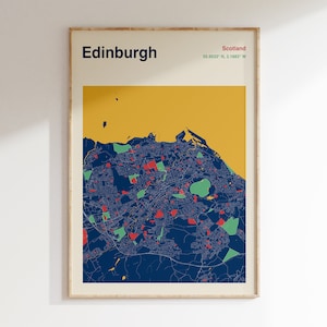 Edinburgh Map Print, Edinburgh Map Poster, Colour Edinburgh City Map, Mid Century Travel Poster, Edinburgh Scotland Travel Poster