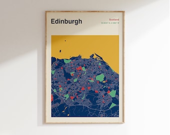 May include: A minimalist style map poster of Edinburgh, Scotland. The poster features a blue map of the city with red and green accents. The city name and coordinates are printed in white at the top of the poster.