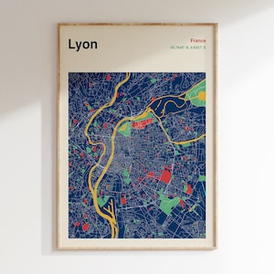 Lyon Map Print, Lyon France Map Poster, Colour Lyon Map Wall Art, Map Of Lyon, Colourful Map Print, Custom Map Locations