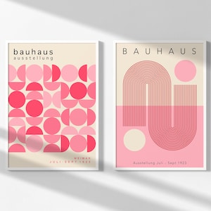 Lot de 2 impressions numériques Bauhaus roses à télécharger, affiche Bauhaus géométrique pastel, mur de galerie rose rétro, style Mid-Century moderne | S2101