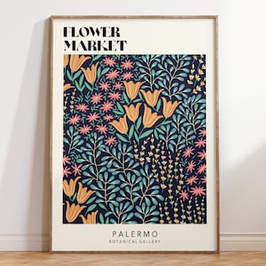 Flower Market PRINT, Flower Market Palermo Poster, Bright Flowers Art Poster, Retro 70's Flower Market, Boho Flower Market Print | F063