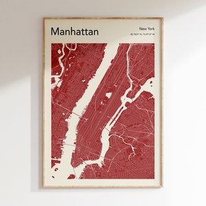 Manhattan City Map Print, PLUS DE COULEURS, Manhattan NY Map Poster, Color Manhattan City Map Wall Art, Carte De Manhattan, N’importe quel plan de la ville