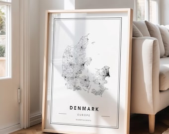 Denmark Map Art Print: Minimalist Black and White Country Map Poster