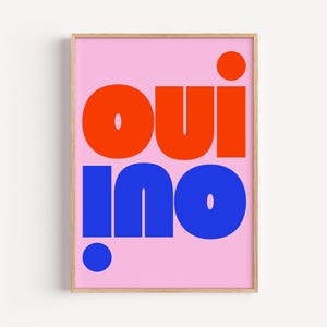 Colourful Oui Oui Typography Poster – Trendy French Quote Wall Art in Pink, Red and Blue | Apartment Aesthetic, Funny Bathroom Wall Art