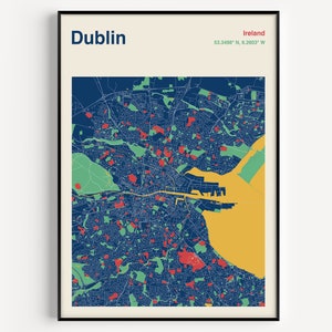 Impressão do mapa da cidade de Dublin, pôster do mapa de Dublin, arte da parede do mapa de Dublin, impressão do mapa de Dublin, mapa de ruas de Dublin, mapa de Dublin, mapa colorido de Dublin