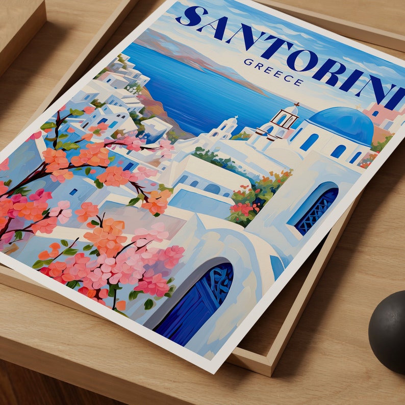 Santorini Greece Art Print, Colourful Travel Poster, Santorini Landscape Art, Santorini Painting, Colourful Travel Poster Gallery image 4