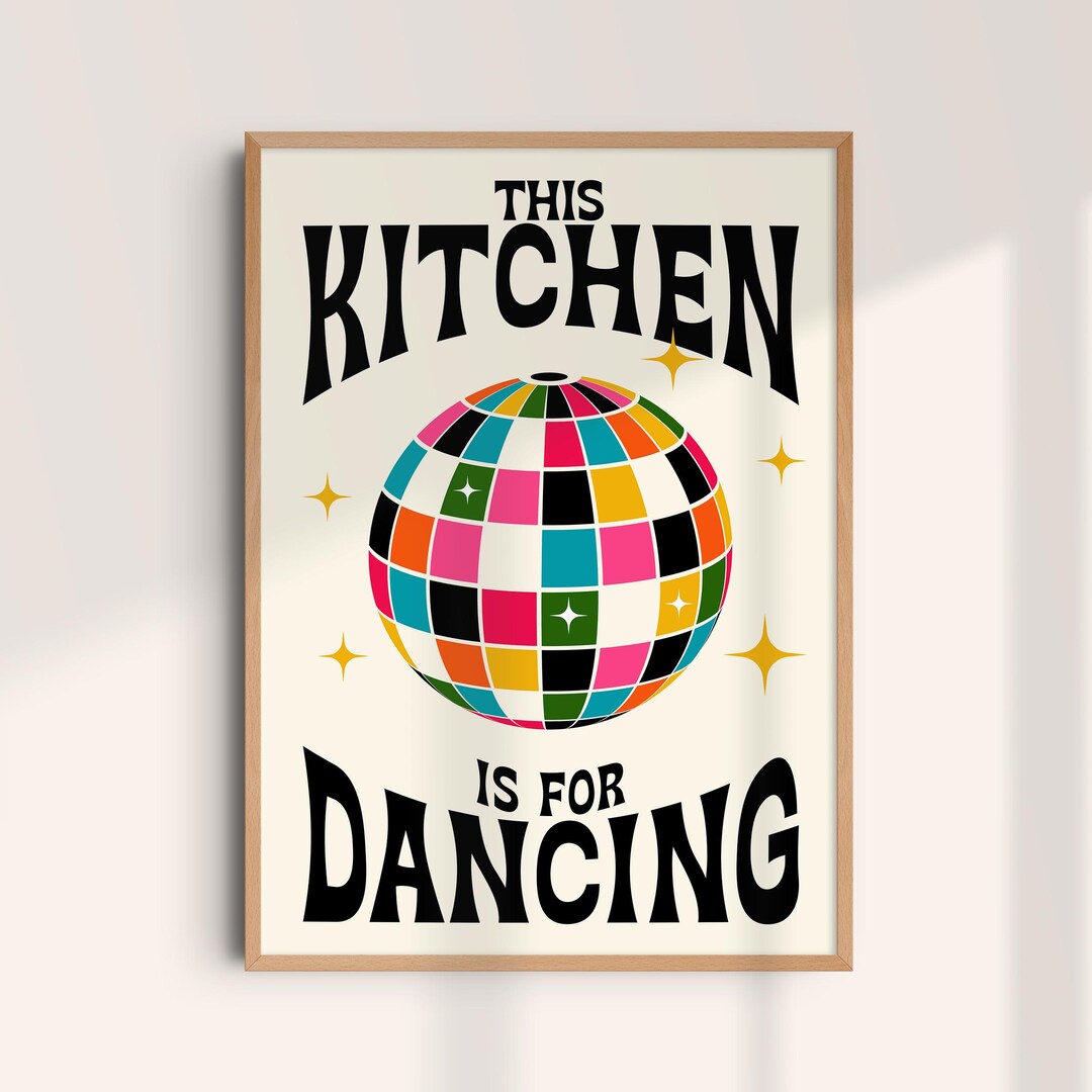 kitchen wall art set of 6 fun foodie prints this... This Kitchen is for Dancing Art Print: Retro Colorful Kitchen Poster - Etsy