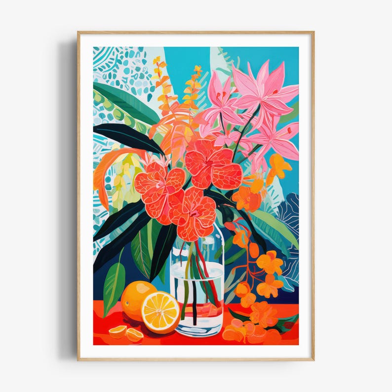 May include: A vibrant still life painting featuring a glass vase filled with pink and orange flowers, including orchids, against a blue and green background. A sliced orange sits on a red surface in the foreground.