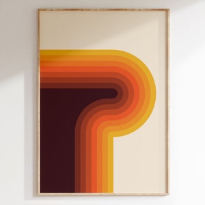 Cartel retro de rayas arco iris de la década de 1970, cartel de arte retro nostalgia, estética de los años 70, cartel de los años 70 en tonos naranjas, cartel geométrico de la Bauhaus / R042