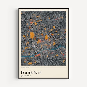 Frankfurt Map Print, Colour Frankfurt Map Poster, Retro travel Poster, Custom Map Print, Frankfurt City Map, Map Of Frankfurt Germany