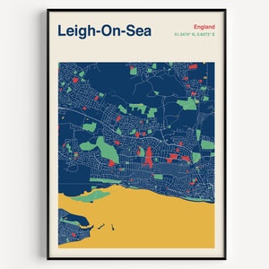 Leigh On Sea Map Print, Leigh On Sea Map Poster, Leigh On Sea Print, Leigh On Sea Travel Poster, Mid Century Map Design, Any Location Maps