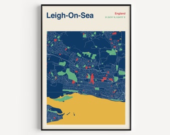 Leigh On Sea Map Print, Leigh On Sea Map Poster, Leigh On Sea Print, Leigh On Sea Travel Poster, Mid Century Map Design, Any Location Maps