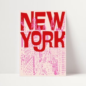 Retro New York City Print: Pink & Red Mid-Century Modern (Digital Download)