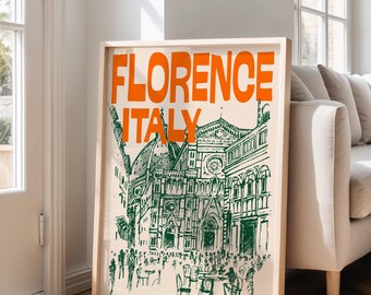 Retro Florence Travel Poster: Mid-Century Orange And Green Wall Art (Digital Download)