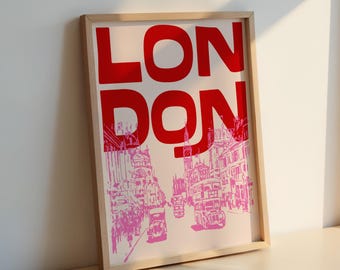 Retro London Travel Poster: Mid-Century Pink Wall Art