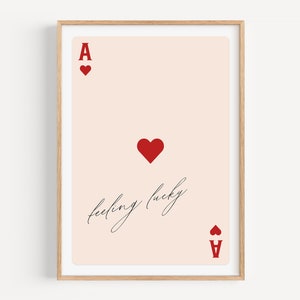 Poster di carte da gioco retrò asso di cuori, stampa sensazione di fortuna, arte da parete asso di cuori, stampe d'arte retrò preppy, parete della galleria retrò / TY126