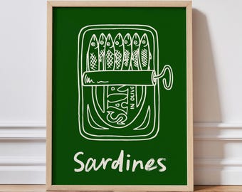 Lámina artística de sardinas de mediados de siglo: póster retro de comida de cocina, KI159