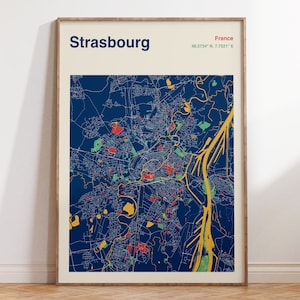 Impression de carte de Strasbourg, Affiche de carte de Strasbourg, Art mural de carte de Strasbourg en couleur, Impression d’art de France, Carte de Strasbourg, Plan de la ville de Strasbourg