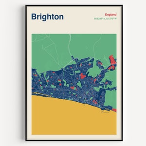 Impression de carte de Brighton, Affiche de carte de Brighton en couleur, Affiche de carte de Brighton & Hove, Affiche de voyage de Brighton, Carte de Brighton, Impression de voyage lumineuse