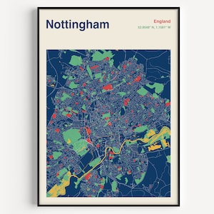 Nottingham City Map Print, Colour Nottingham Map Poster, Mappa di Nottingham, Nottingham Street Map, Colour Map Poster