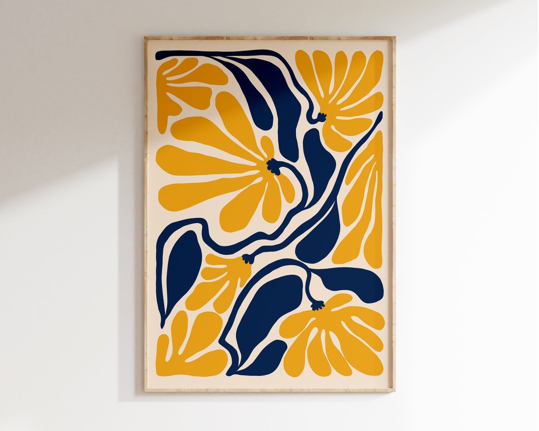 Navy & Yellow Flower Poster Abstract Botanical Art Print - Etsy