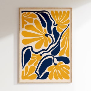 Marineblaues und gelbes Blumenposter, abstrakter botanischer Kunstdruck, von Matisse inspirierter botanischer Druck, Boho-Blumendruck, Blumenmarkt | BO112