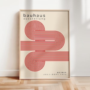 Bauhaus Poster, Red Geometric Bauhaus Art Print, Retro Stripes Wall Art, Mid Century Wall Art, Bauhaus Exhibition Print | A167
