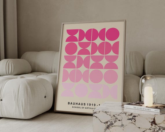 ピンクのバウハウス幾何学プリント：ミッドセンチュリーモダンアート