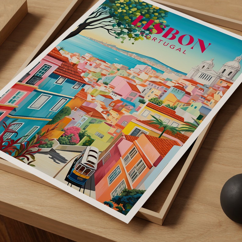 May include: A colorful illustration of Lisbon, Portugal, with a vintage travel poster style. The image features a cityscape with colorful buildings, a tram, and a view of the ocean. The text "LISBON PORTUGAL" is displayed in pink letters.