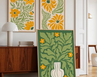 Conjunto de estampados florales abstractos: Arte botánico verde y amarillo (descarga digital)