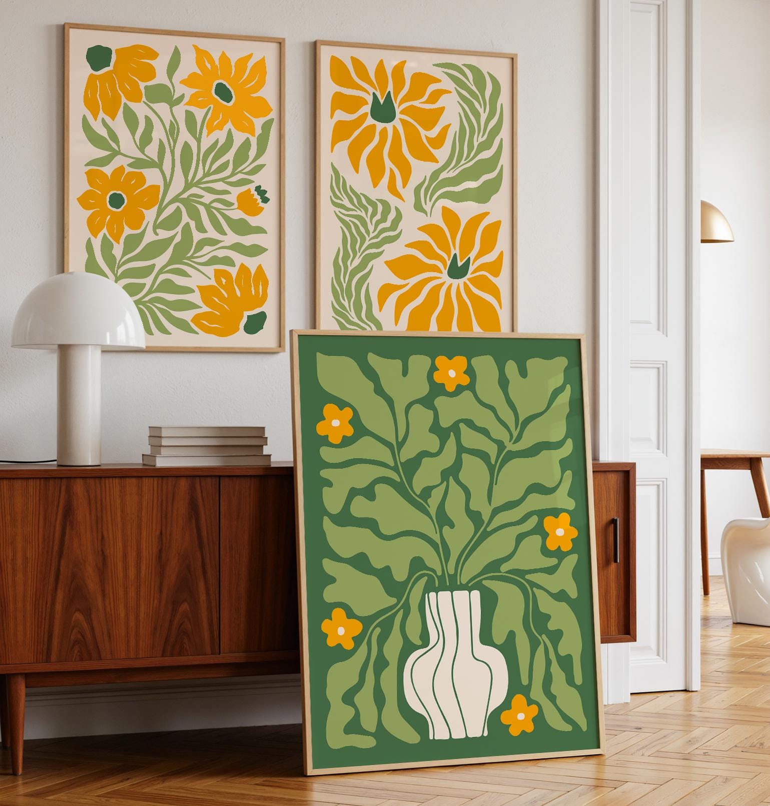 抽象的な花柄プリントセット：緑と黄色のボタニカルアート（デジタル