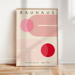 Poster d'exposition rose et rouge Bauhaus, impression d'art Bauhaus Ausstellung, affiche géométrique, art mural arche Bauhaus, style Mid-Century moderne | A167