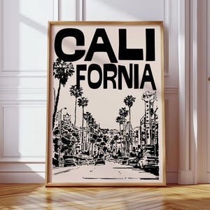 Impression de voyage rétro en Californie, impression d'illustration dessinée à la main rétro Los Angeles, impression de voyage en Californie du milieu du siècle | 20M2