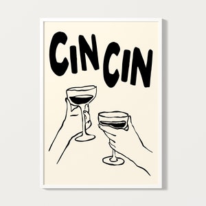 Retro Cin Cin-print, MEER KLEUREN, handgetekende wijnkunstprint, keukenposter uit het midden van de eeuw, trendy Cin Cin-muurkunst, Cheers-poster | KI153