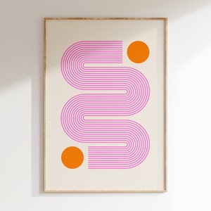 Retro Pink Wavy Lines 70er Jahre Poster, 1970er Retro Art Poster, 70er Jahre Ästhetik, Pastell Geometrisches Poster, Bunte Groovy Art | R032