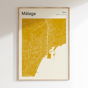 Malaga City Map Print, MORE COLOURS, Malaga Map Poster, Color Malaga Spain Map Wall Art, Map Of Malaga, Any City Map Print