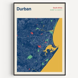 Durban Map Print, Durban Map Poster, Colour Durban Map Wall Art, Custom Maps, Durban City Map, Map Of Durban, South Africa Map