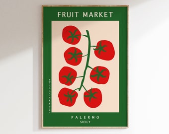 May include: A green and white poster with the text "FRUIT MARKET" in white letters. The poster features a red tomato vine with green leaves and red tomatoes. The text "PALERMO SICILY" is at the bottom of the poster.