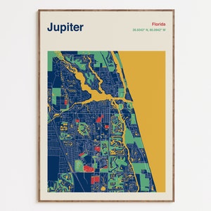 Jupiter Florida Kaart Print, Jupiter Kaart Poster, Kleurenkaart van Jupiter FL, Jupiter Florida Reisposter, Jupiter Stadsplattegrond