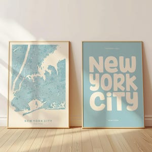 Ensemble d'impressions New York bleu pastel, téléchargement numérique, affiche tendance de New York, art mural carte de la ville de New York, impression du nom de la ville de New York