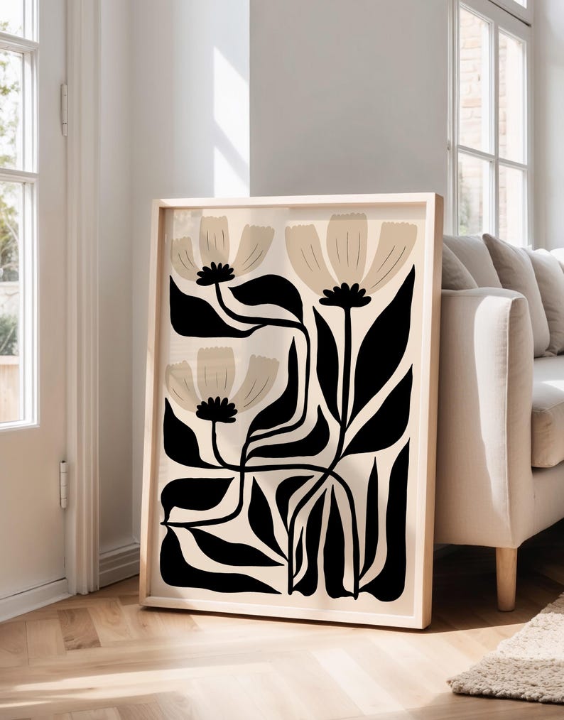 Abstract Flower Art Print: Black & Beige Botanical, Matisse Style image 1