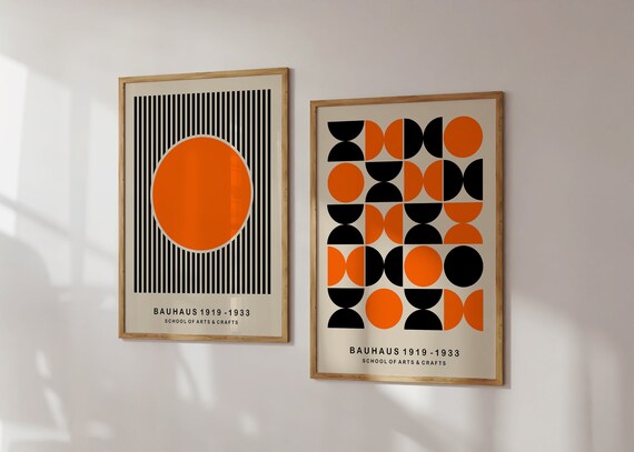 Geometric Bauhaus Print Set, Orange & Black Bauhaus Wall Art