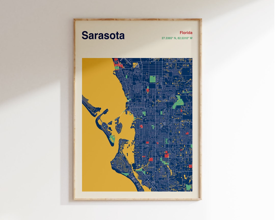 SARASOTA Map Print, Sarasota Map Poster, Colour Sarasota Map Wall Art