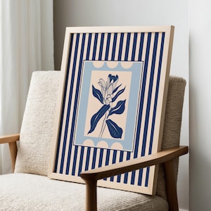 Navy Blue Floral Art Print: Vintage Striped Wall Art