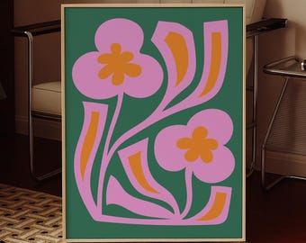 Dopamin Blumen Print: Retro rosa und grüne Blumen Wandkunst