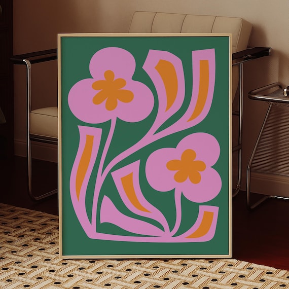 Dopamine Flower Print: Retro Pink and Green Floral Wall Art - Etsy