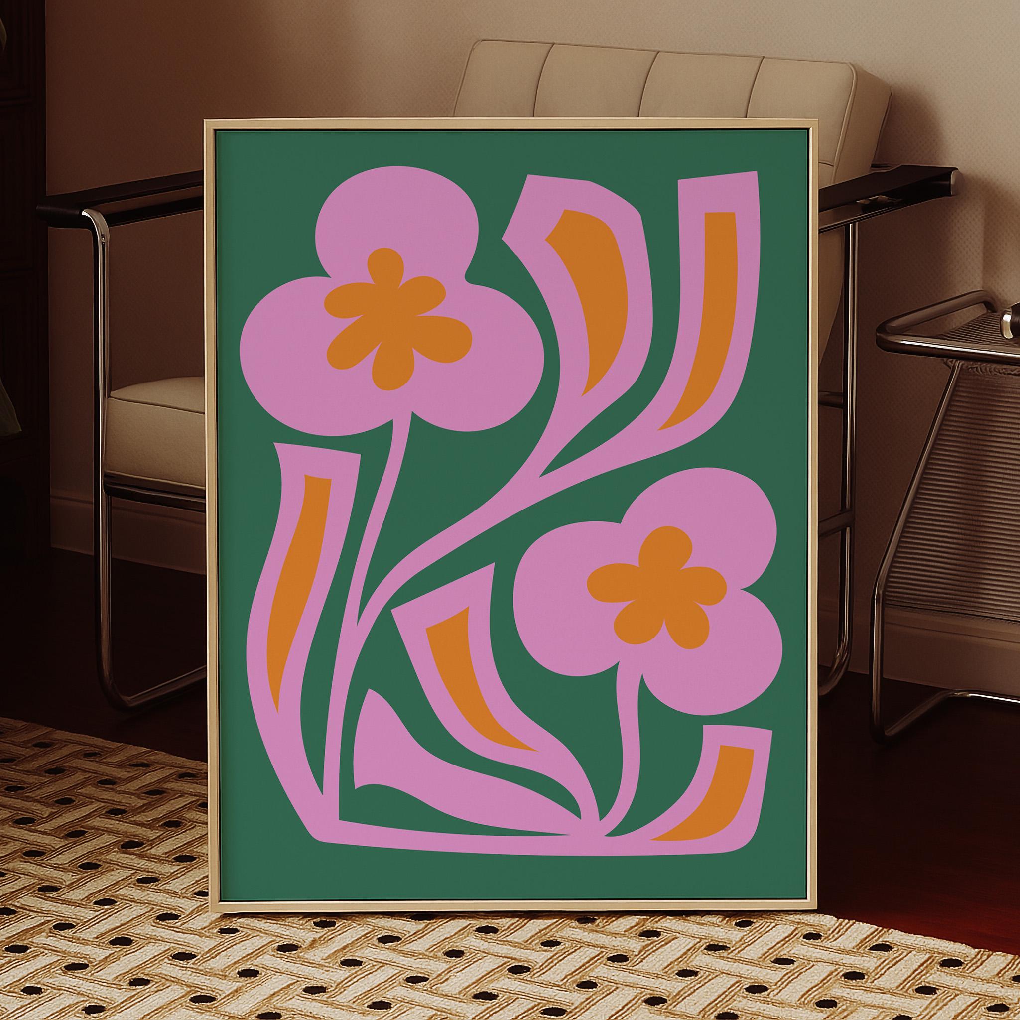 Dopamine Flower Print: Retro Pink and Green Floral Wall Art - Etsy