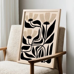 Abstract Flower Art Print: Black & Beige Botanical, Matisse Style image 3
