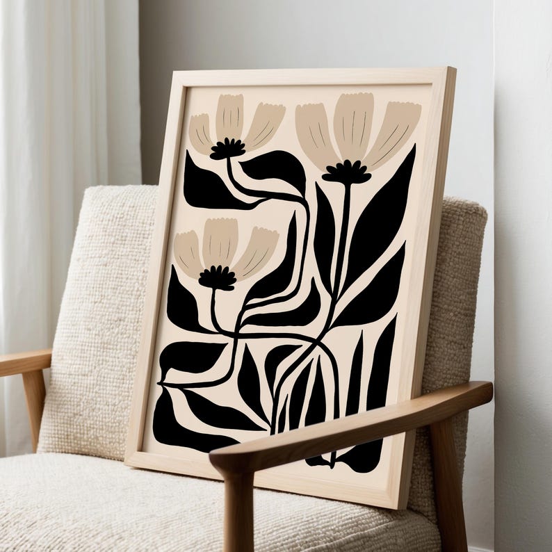 Abstract Flower Art Print: Black & Beige Botanical, Matisse Style image 3