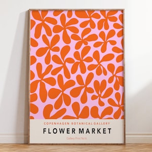 Impresión artística del mercado de flores de Copenhague, Cartel del mercado de flores, Póster floral Boho, Mercado de flores rosa y naranja, Flores retro / F092
